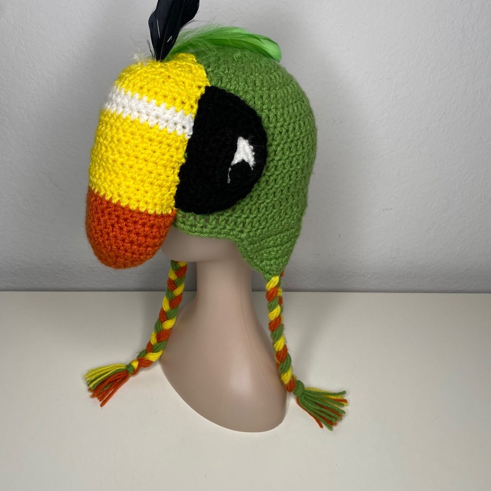 Handmade Crochet Dino Troodon Hat With Braids And Feathers Fun Novelty‎